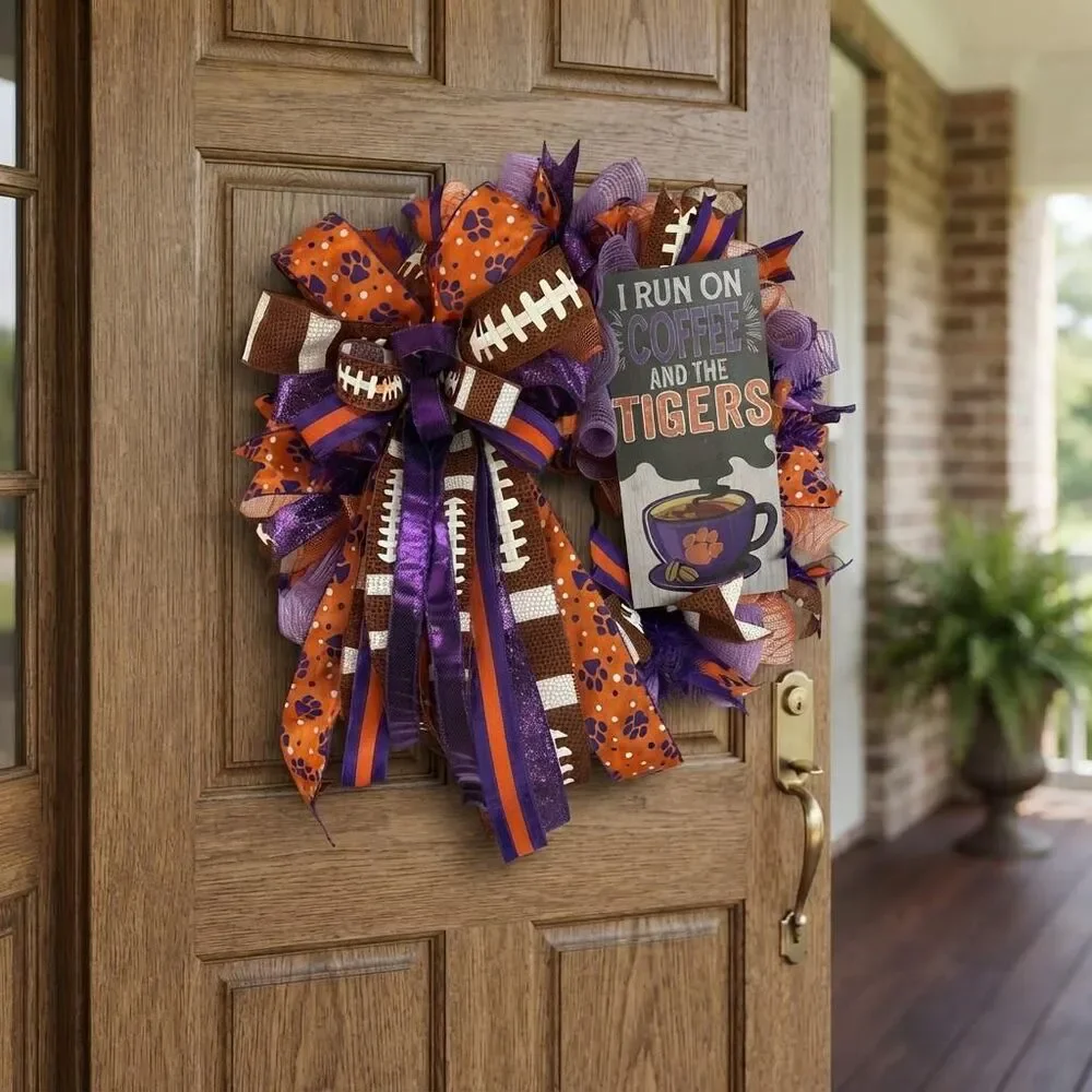 Clemson Football Wreath | ACC Tigers Door Decor | Orange Purple Mesh Game Wreath